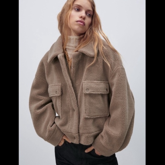 Zara shearling fleece bomber jacket with pockets medium